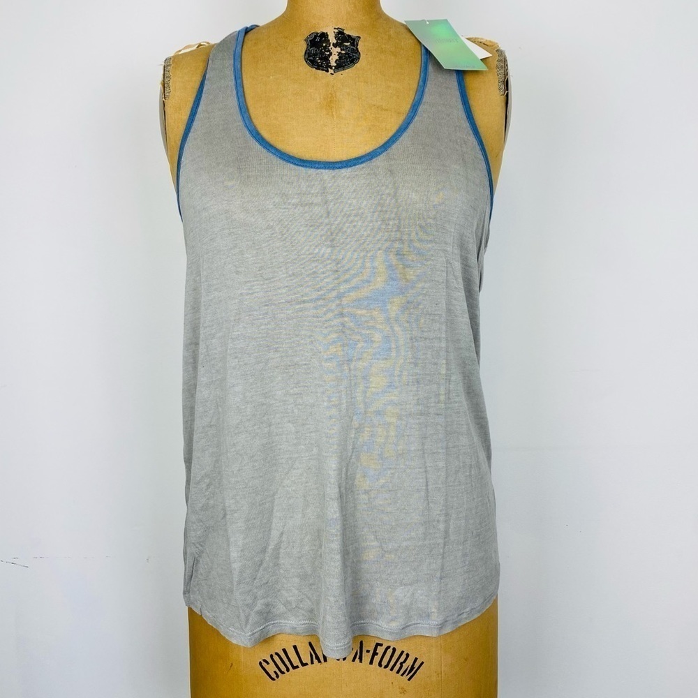 Tresics Luxe Twist Back Tank Top, Athletic Top, NWT, Size Large, Gray with Blue